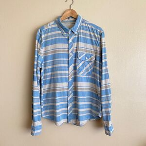 Arizona Jeans Men's Large Blue Gray Stripe Button Down Long Sleeve Top w/ Pocket